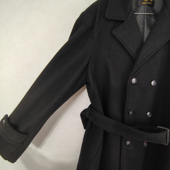 Vintage 60s Cal Craft Mens Black Wool Trench Coat Sz Large Classic Plus Size - Picture 2 of 8